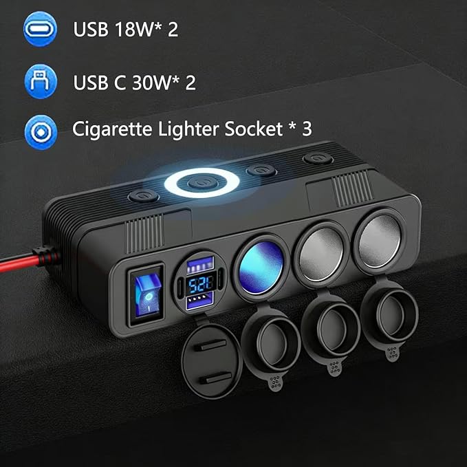 12V Cigarette Lighter Splitter with 10FT/3M Cable, 180W Car Charger Socket Multi 4 USB Port Adapter with LED Display Master and Independent Switch, 12 Volt Power Outlet Plug with Eyelet Terminal