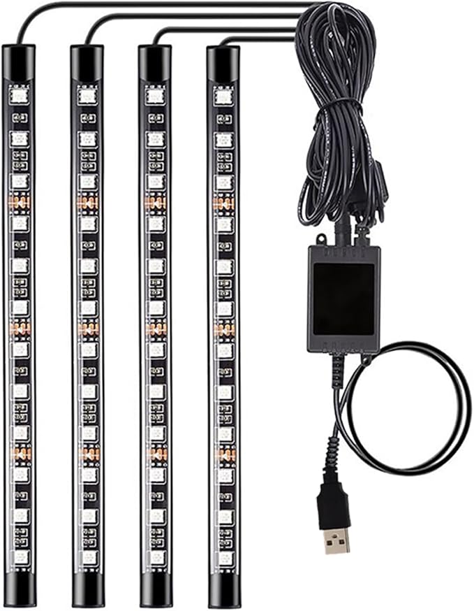 Led Interior Car Lights, Controller Led Lights for Cars, Multicolor Music Underglow Lighting Kits with Wireless Control and Sound Active Function, 4pcs 48 USB LED Interior Lights, DC 5V