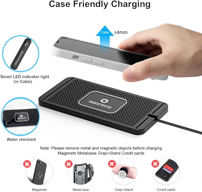Wireless Charging Pad for Car, REESTECQI 15W Wireless Car Charger Pad Type C Charging Mat Non Slip [PD 40W Car Charger Incl] for Airpods iPhone 16/15/14/13, Samsung S24/S23/S22 (1 Meter Cable)
