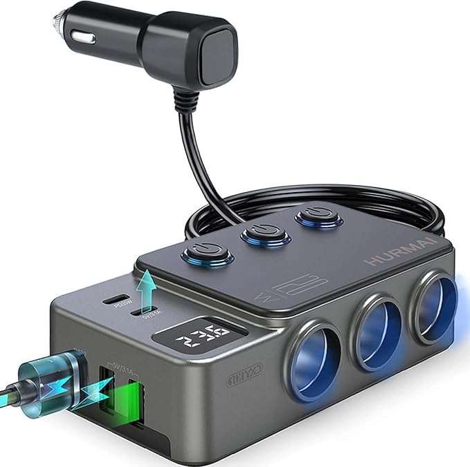 Cigarette Lighter Splitter, 8 in 1 Car Cigarette Lighter Adapter PD 35W Car Charger 3-Socket Heavy Duty Truck Multi Port USB C 12V/24V Independent Switches LED Display Super Fast Charger Car Devices