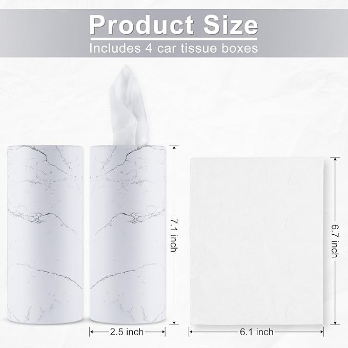 SINGARO Car Tissue Holder, 4 Pack Car Cup Holder Facial Tissues with Travel Tissue Bag, Quick and Convenient Flower Combination Car Tissue Box(4 Canisters/200 Tissues) White
