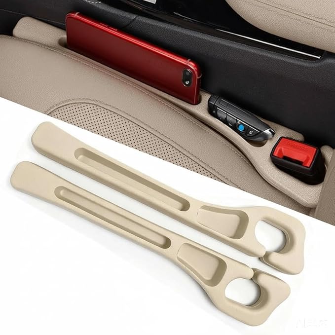 Upgrade 2-in-1 Car Seat Gap Filler Organizer 2 Pack PU Leather Gap Blocker to Stop Keys, Phone, Coin from Falling Between Seat & Console (Beige)