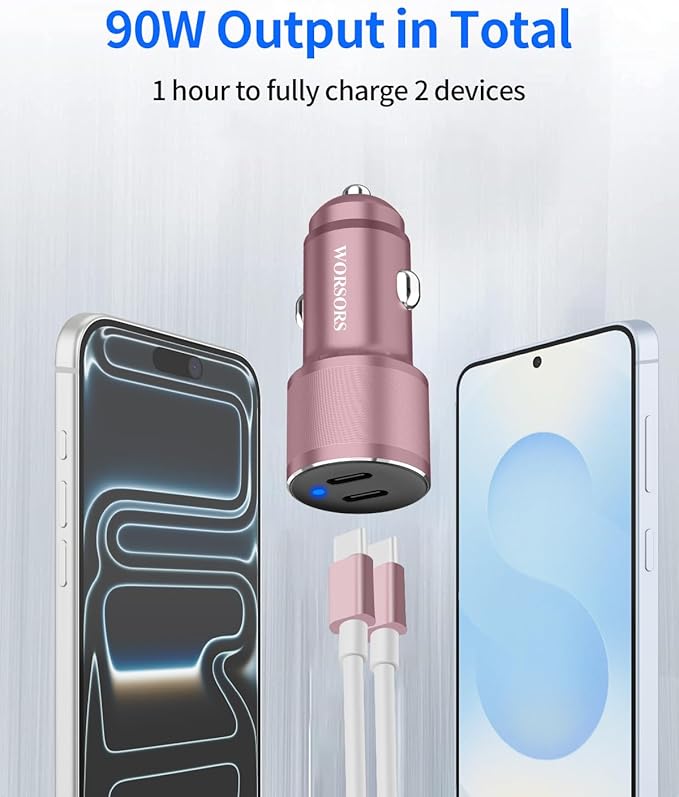 Pink Dual 45W USB C Car Charger, 90W Max Super Fast Charging, All Metal 12V Cigarette Lighter Adapter for iPhone 17 Pro Max/16/15/iPad, Samsung Galaxy S26+/S25, Google Phones with 2 Type C Cable 3.3ft