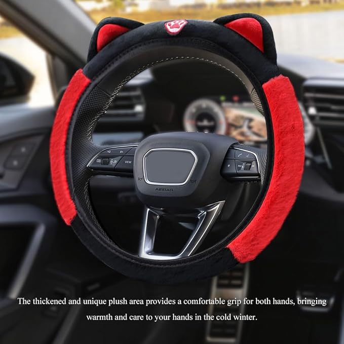 Car Steering Wheel Cover, 15 Inch Fluffy Soft Plush Auto Protector, Anti-Slip Elastic Lovely Car Cover Accessories with Kitty Cat Ears Universal for Most Vehicles (Fluffy-Black+Red)