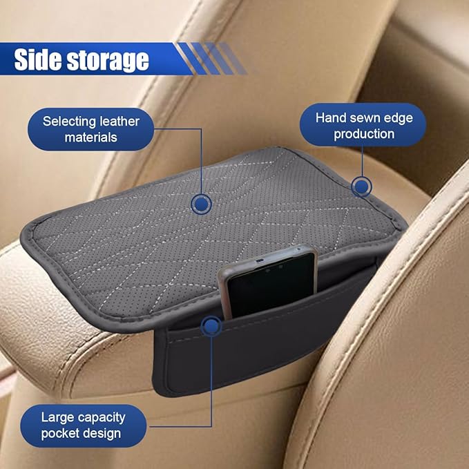 Car Center Console Cover with 2 Storage Bags - Leather Car Armrest Cushion Pad Vehicle Middle Console Cover, Universal Armrest Seat Box Protector Auto Interior Accessories for SUV, Truck, Sedan (Gray)