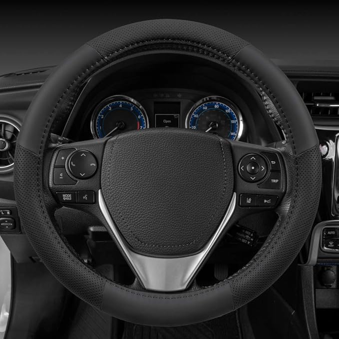 Motor Trend Perforated Microfiber Leather Steering Wheel Cover for Cars Trucks SUVs Vans, Sporty Racing Improved Grip Anti-Fatigue Ergonomic Design, Airbag Compatible - Fits Standard 15" Inch - Black
