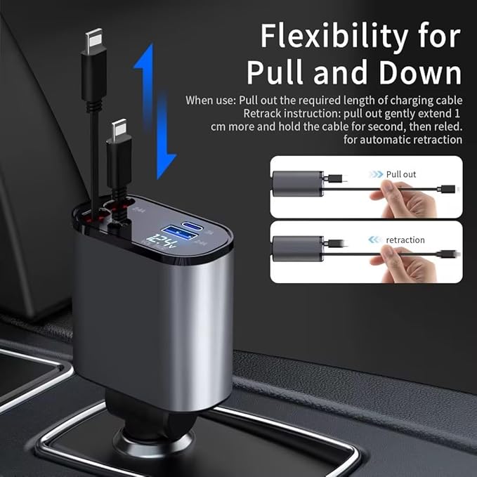 Retractable Car Charger, 4 in 1 Fast Charging 69W, Cigarette Lighter Adapter 2 Retractable iPhone Cables and USB Car Charger,Compatible with iPhone 14/13/12/11,Galaxy,Pixel