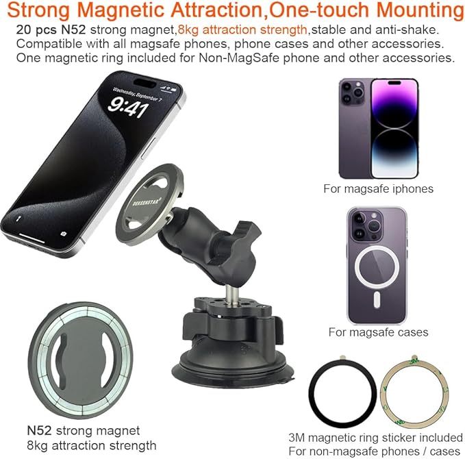Magnetic Car Phone Holder Mount with B Size 25mm 1" Ball Compatible with Magsafe iPhone 16 15 14 13 Pro Max RAM mounts B Size 1 inch Double Socket Arm Magsafe Ball Mount Adapter