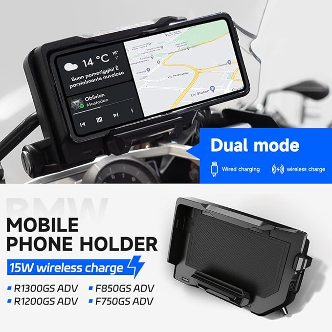 Motorcycle Phone Mount with 15W Wireless Charger & USB-C Fast Wired Charging Port, Waterproof Cell Phone Holder GPS Navigation Bracket for BMW R1200GS R1250GS ADV S1000XR F750GS F850GS