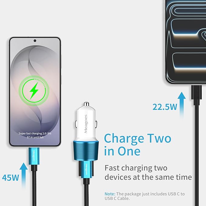 67.5W Blue Car Charger USB C Super Fast Charging, 45W USBC&QC3.0 Port Plug for iPhone 17 Pro Max/Air/16/15/iPad, Samsung S26 Android Cell Phone, Dual 12V Cigarette Lighter Adapter+ 3.3ft Type C Cable