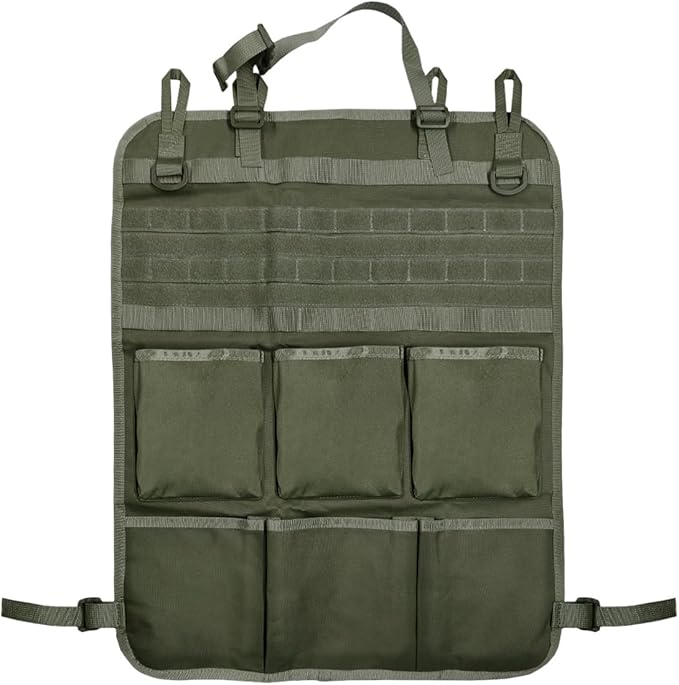 Tactical Molle Panel Car Seat Back Organizer, Waterproof Car Front Seat Protector with Multiple Pockets, Universal Kick Mat for Kids/Pets, Vehicle Backseat Storage Bag for Most Cars (Green)