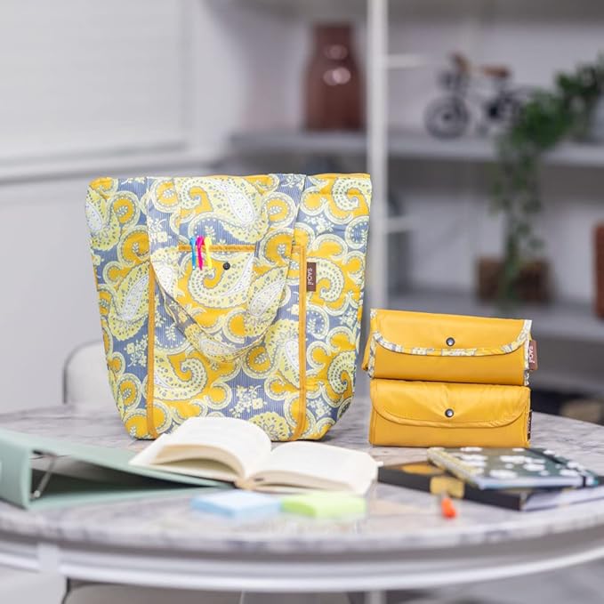 Sachi Insulated Market Tote Bags 3-Piece Reusable Lunch & Grocery Cooler Set with Zipper Foldable, Eco-Friendly Thermal Bags for Shopping, Travel & Picnics Grey Yellow Paisley