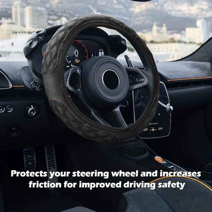 15 Inch Car Steering Wheel Covers with Double Colors,Non-Slip Leather Steering Wheel Cover for Protecting Steerings Wheels,Universal Cars Decorations Car Wheels Cover (Black)