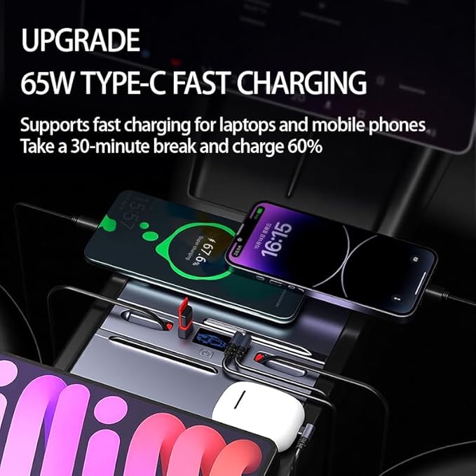65W USB Charging Hub for Tesla New Model Y Juniper & Model 3 Highland，Hidden Docking Station Design (for Y Juniper & Model 3 Highland)