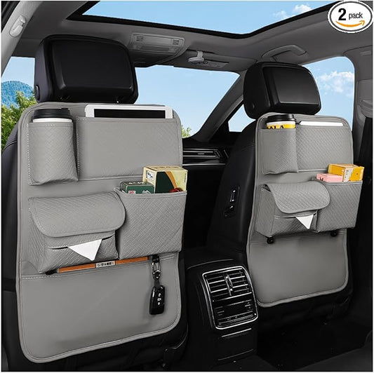 Car Backseat Organizer, 2PCS Leather Woven Multipurpose Vehicle Seat Back Protector with 4 Storage Pockets & Hook, Waterproof Automotive Kick Mat, Universal for SUV RV Truck (Gray)