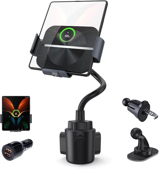 Wireless Car Charger for Z Fold 7/6/5/4/3/2, Dual Coil Cup Holder Phone Mount, Wireless Car Charger for Tesla, Auto Clamping Fast Charging for iPhone 16/15/14(Not Fit for Pixel Fold)