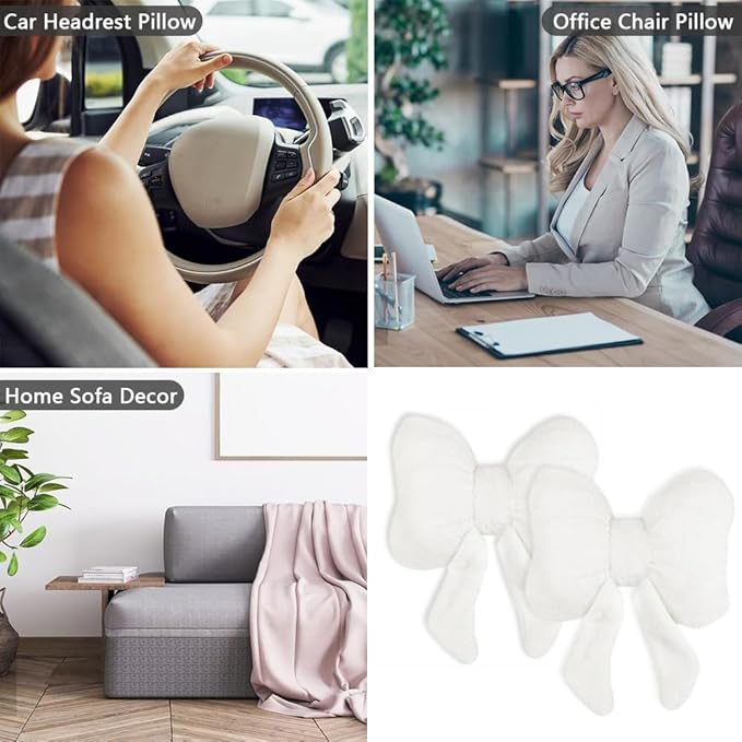 LYFJMUS 4 Pack Plush Bow Car Headrest Pillow and Lumbar Support Pillow Soft Butterfly Car Neck Pillows for Driving Cars Decor (Black)