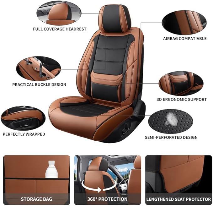 Car Seat Covers Custom Fit for Chevrolet/Chevy Spark 2012-2022 , Premium Faux Leather Waterproof Car Seat Protectors with Lumbar Support, Breathable Anti-Slip Easy to install(Black&Brown,Full set)