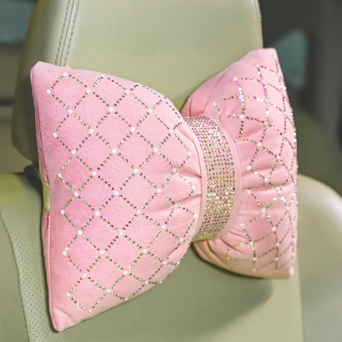 Car Headrest Pillow Pink Sparkly Bling Rhinestone Accessories for Women Bow Seat Neck Support Pillow for Travel Driver Chair Head Rest 2pcs