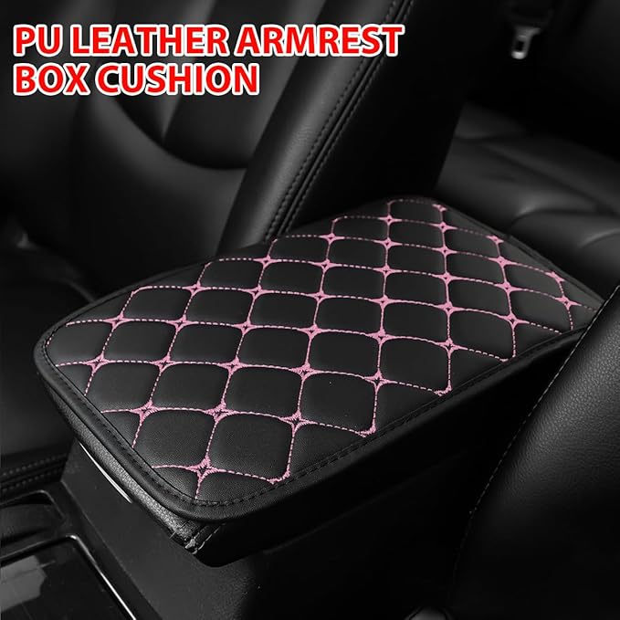 HZEL Car Center Console Cushion Pad, PU Leather Vehicle Armrest Protection Cover, Waterproof Automotive Interior Arm Rest Seat Box Mat Accessories, Universal for SUV, Sedan, Truck (Black/Pink)