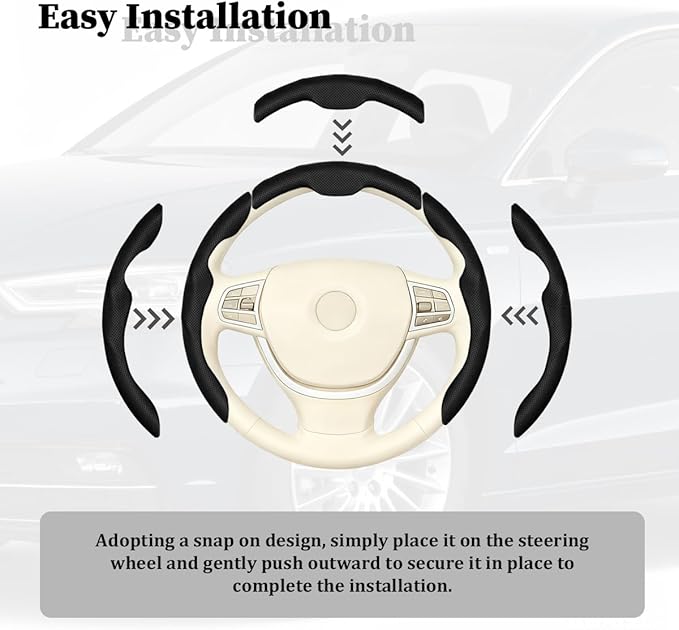 3PCS Car Steering Wheel Cover, Nappa Leather Breathable Non-Slip Segmented Steering Wheel Protector, Snap-on Auto Interior Decoration Accessories, Universal Fit (Black)