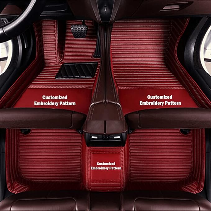 Custom Personalized Floor Mats for Cars - Luxury Full Coverage All Weather Mats, Anti-Slip Leather Mat Set, Fit for 99% of Cars, SUVs & Trucks (Wine Red, B-Strip Shape)