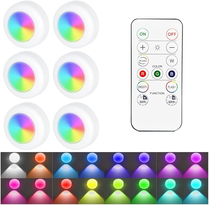 6PCS Wireless Car Interior Led Lights with Remote Control, 16 Colors Vehicle Puck Lamps, Rechargeable Ambient Inside Night Lighting Kit Decoration, Universal Automotive Accessories