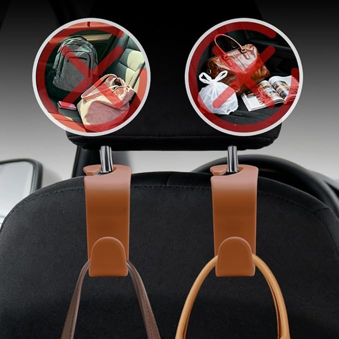 4PCS Car Seat Headrest Hooks, Purse Hook for Car, Auto Back Seat Organizer Storage Hanger Holder, Auto Accessories Multi-Use Portable Headrest Organizer Holder for Purse Handbag Coats (Brown)