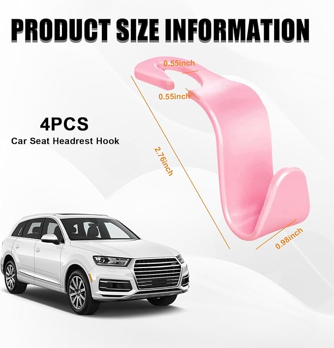 Ziciner 4 PCS Car Seat Headrest Hooks, Backseat Hangers Storage Organizer, Universal Car Accessories for Purse Grocery Bags Coats (Pink)