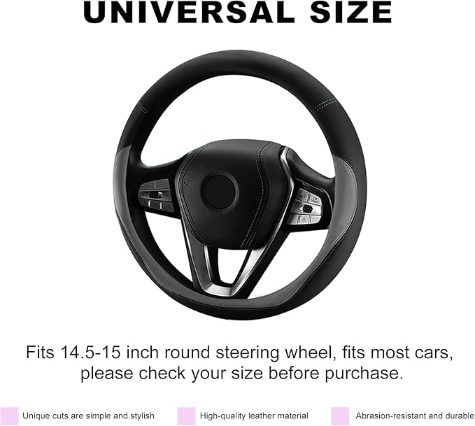 Leather Steering Wheel Cover, 15 Inch Soft Breathable Car Wheel Cover with Anti-Slip Lining, Universal Comfortable Steering Wheel Protector for Most Cars Trucks SUVs (Gray)