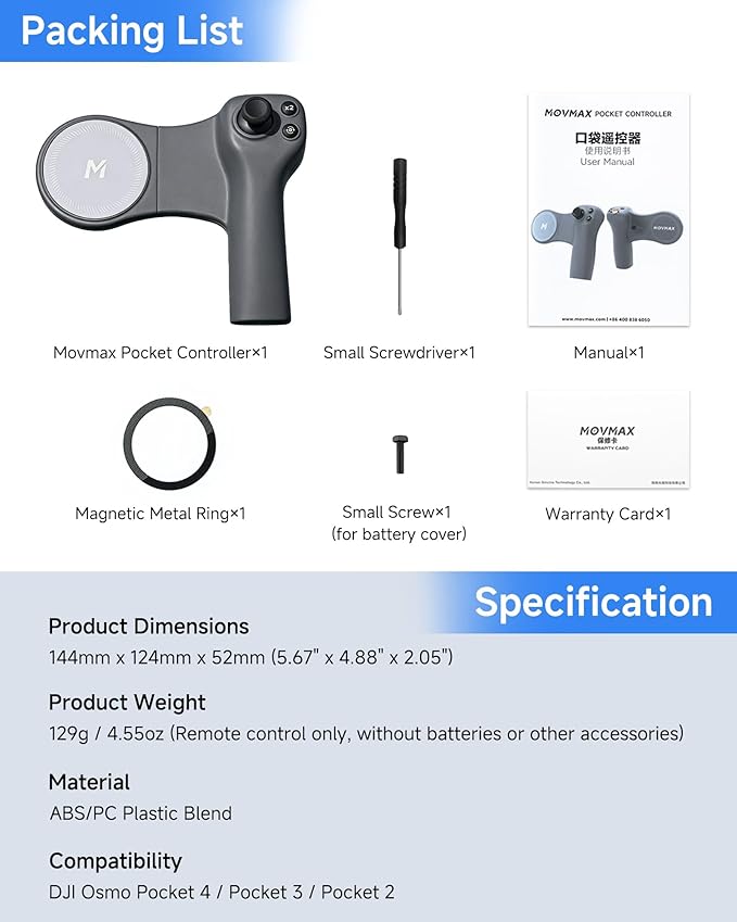 MOVMAX Remote Controller for DJI Osmo Pocket 4/3/2, Wireless Remote Control with Hall Effect Joystick, Ergonomic Handle Magnetic Attach, DJI Osmo Pocket Accessories