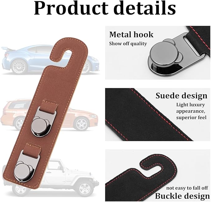 HZEL 2PCS Car Seat Headrest Hooks, Dual Hook Suede Vehicle Backseat Storage Holder for Purse Handbag Coat, Multifunctional Auto Seat Back Grocery Hanger Organizer, Universal for Vehicles (Brown)