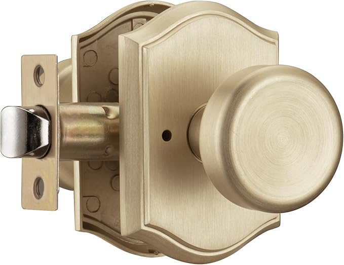 Interior Pismo Doorknobs for Bath & Bedroom, Gold Door Knobs with Camelot Trim, Satin Brass Door Knob with Lock
