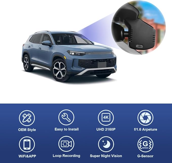 Fitcamx 4K Dash Cam Suitable for Volkswagen Tiguan 2024-2026 MK3 (Black Cover), OEM Factory Look, UHD 2160P Video, Built-in WiFi & APP, Loop Recording, Parking Sensor, Plug & Play, 64GB Card