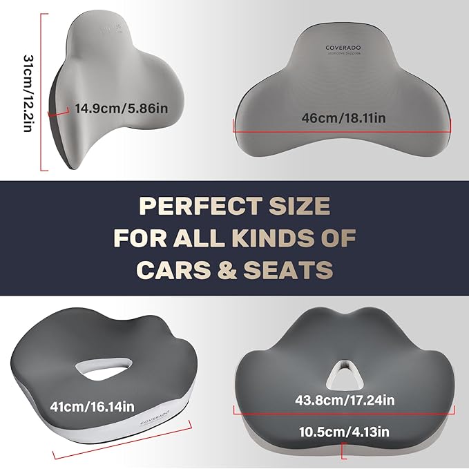 Coverado Seat Cushion and Lumbar Support Pillow for Car Office Chair, Ergonomic Memory Foam Desk Chair Cushion Back Support Pillow, Sciatica & Back & Tailbone Pain Relief Cushion-Black&Gray