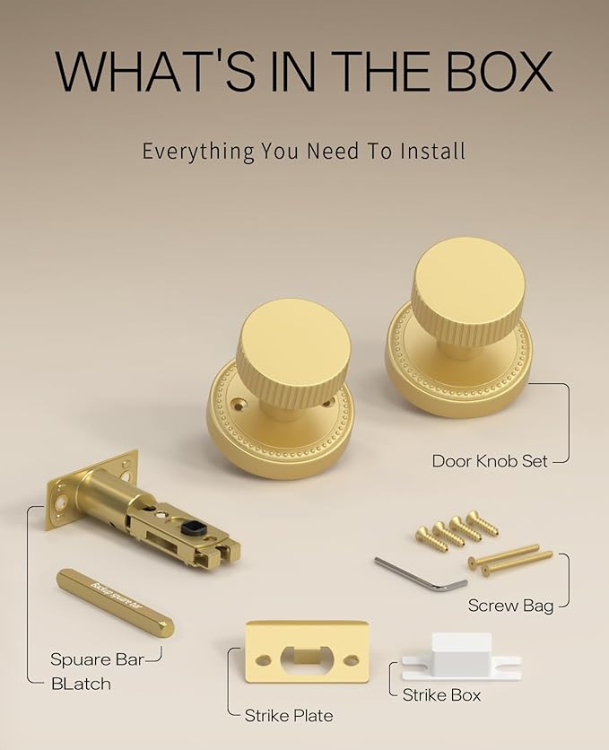 Asidrama 1 Pack Passage Gold Door Knob with Lock. Brush Gold Door Knobs Interior for Bedroom or Bathroom, Heavy Duty Door Handle for Left Right Sided Doors