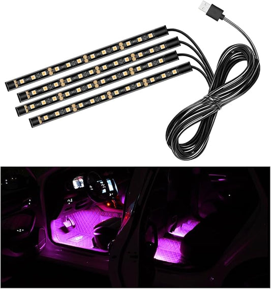 Car LED Strip Light, 48 LEDs RGB Neon Interior Atmosphere Lights, 12V Under Dash Ambient Night Light, USB Port Auto Interior Decorative Lamp, Universal Car Accessories (Pink Purple)