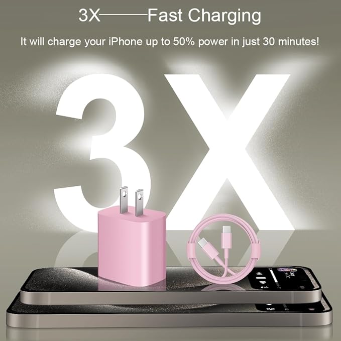 iPhone 17 16 15 Charger Fast Charging 2+2Pack 20W USB C Wall Charger with 6FT Fast Charging Cable Compatible with iPhone 17/17 Air/17 Pro/17 Pro Max/iPhone 16/15 Series, iPad Pro/AirPods - Pink