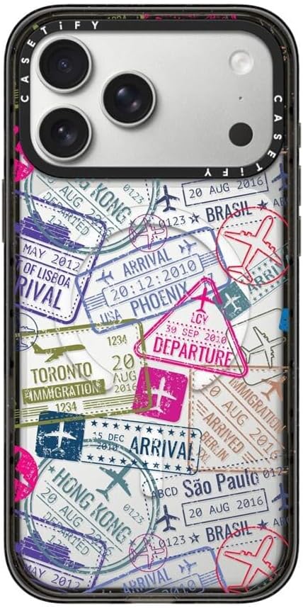 CASETiFY Impact iPhone 17 Pro Max Case [Slim/Compatible with Magsafe / 8.2 ft. 4X Military Grade Drop Protection] - Travel Stamps - Clear Black