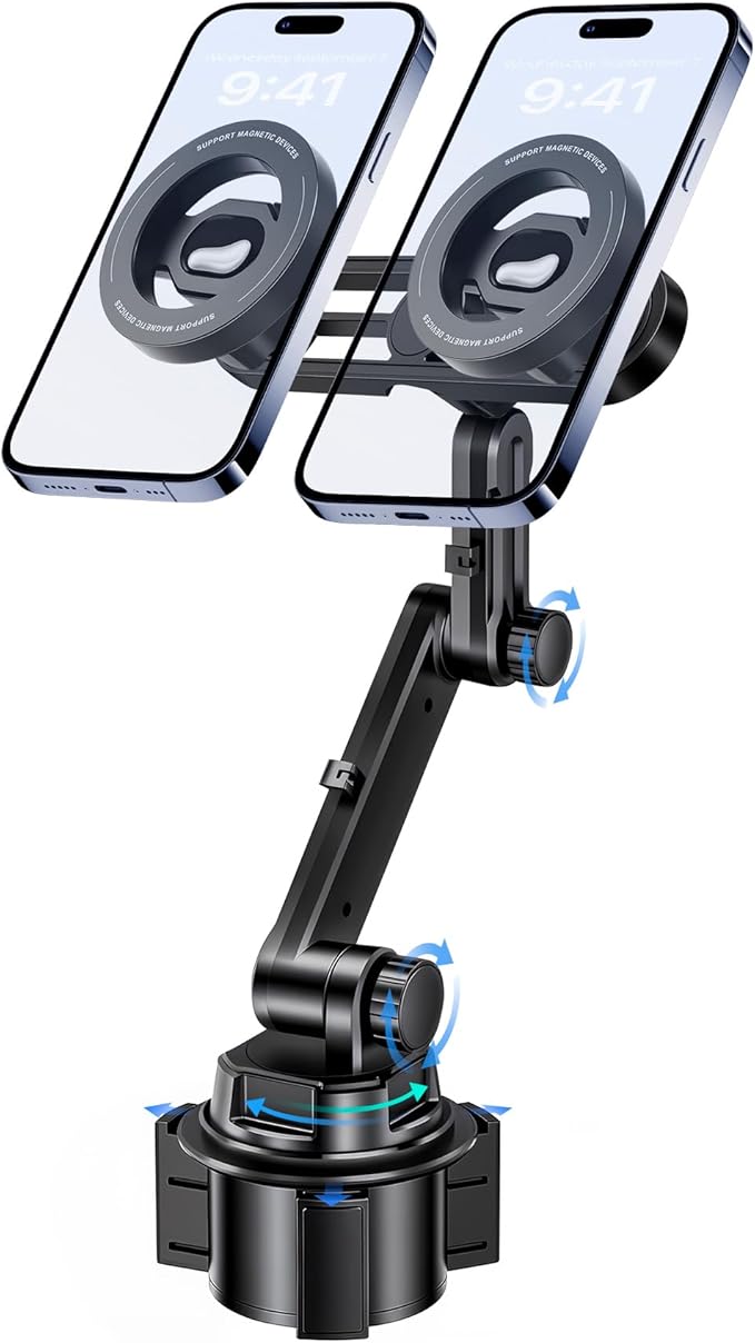 Dual Car Cup Phone Holder - Holds 2 Phones Simultaneously, 1-Second Grab & Release, 360° Rotatable, car Phone Mount Compatible with MagSafe，Fits iPhone/Samsung & 4.0-7.0 Inch Smartphones
