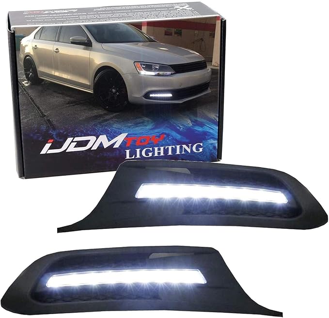 iJDMTOY Xenon White LED Daytime Running Lights Compatible With Volkswagen: 2011-2014 MK6 Jetta, OEM Fit DRL Bezel Assembly Powered by (9) High Power LED Lights Each Lamp