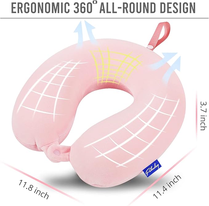 Fabuday Memory Foam Neck Pillows for Travel - Airplane Pillows for Sleeping with Attachable Snap Strap Soft Washable Cover, Flight Pillow for Traveling, Car, Office, Provide Head Neck Support Pink