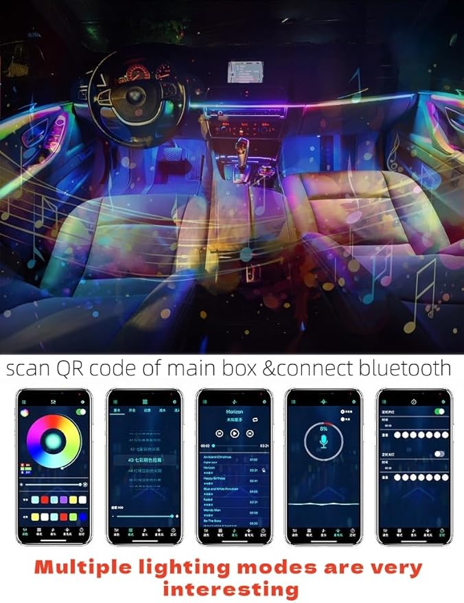 Car Interior LED Light Kit with App Control, RGB Multicolor Ambient Lighting Strip, Smart Music Sync Neon Accent Lights for Vehicle Interior