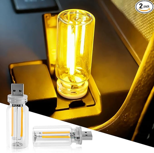 2 PCS USB LED Lights for Car Interior, Touch Dimmable Ambient Lighting, Mini Retro Glass Bottle Night Light Bulb for Vehicle, Bedroom, Camping(Warm White)