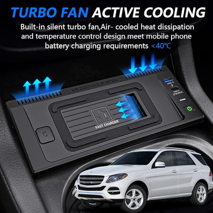 Wireless Car Charger for Mercedes-Benz GLE/GLS/GL/ML 2012-2019, OEM Custom Fit with 27W USB-A & Type-C Wireless Fast Phone Charging Pad for Mercedes-Benz W166 X166 C292 Interior Accessories
