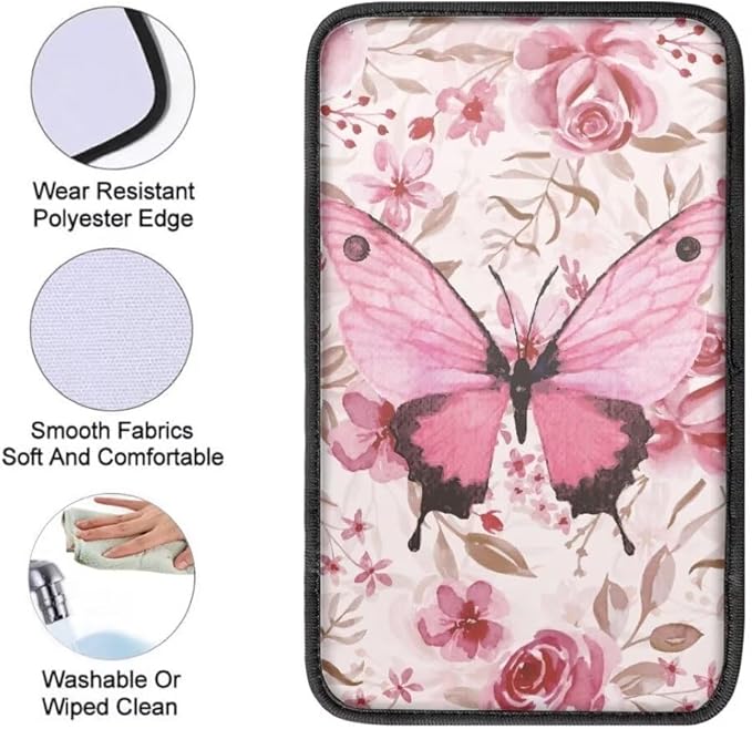 Coldinair Pink Floral Universal Car Center Console Pad Soft Armrest Protector Cover Fit for Most Vehicle,SUV,Truck,Car Interior Accessories Decor,Butterfly