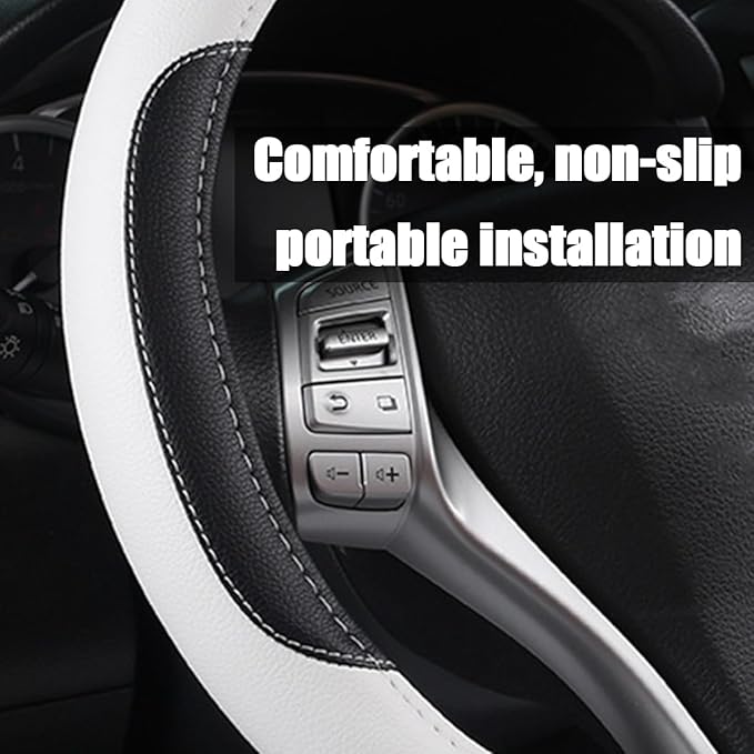 BELOMI Leather Car Steering Wheel Cover, Universal 15 Inch for Car Truck SUV, Non-Slip and Breathable, Sport Style Design Odorless Steering Wheel Protector, Automotive Interior Accessories (White)