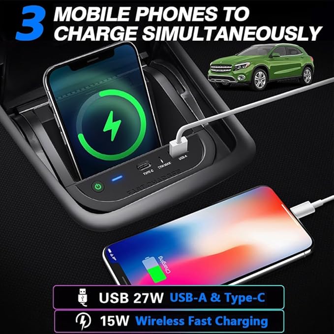 Wireless Car Charger for Mercedes-Benz GLA GLB CLA A-Class B-Class 2013-2019, OEM Custom Fit with 27W USB-A & Type-C Wireless Fast Phone Charging Pad for Mercedes-Benz Interior Accessories