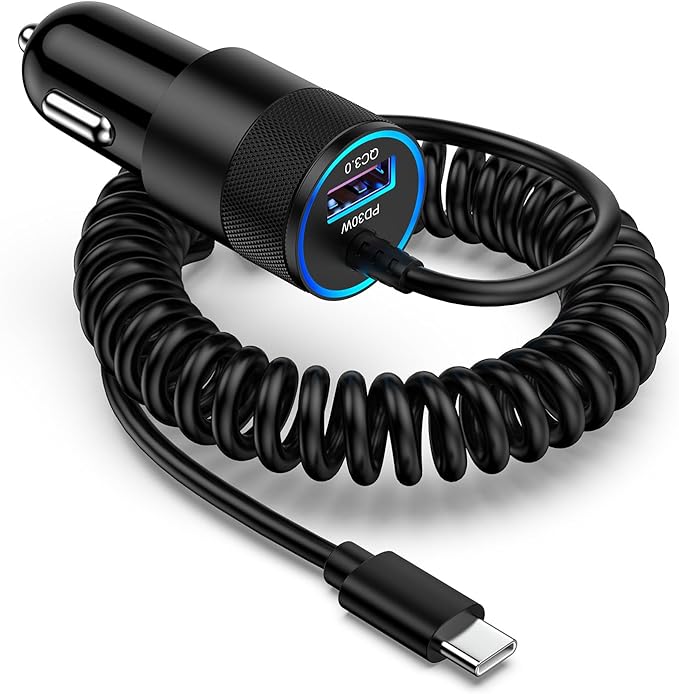 Type C Fast Car Charger for Galaxy A17/A56/A16/S26 Ultra/S26/S25 FE/S25/S24 Ultra/A15/A55/A54/A14 5G Pixel 10a 10 9 8 Pro iPhone 17 16e,QC3.0 18W Car Phone Charger Adapter PD30W USB C Coiled Cable 3FT