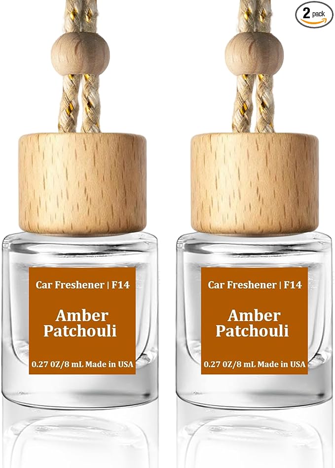C Classy Hanging Car Air Freshener 2 Pack, Amber Patchouli Essential Oil Diffuser, Long-Lasting Fragrance, Cute Glass Bottle Car Accessories for Women & Men, Made in USA